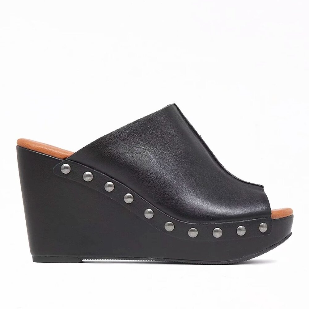 LUCKY BRAND Black Leather Mule Wedge Clog Sandal